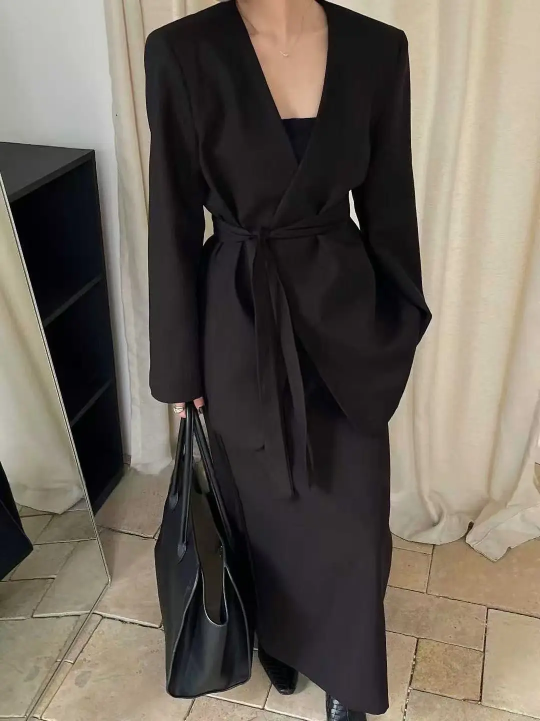 BJTZ Solid Color V-neck Blazer Jacket And Skirt Two Piece Set For Woman 2025 Spring Autumn New Trendy Lace-up Tie-waist Coat Set