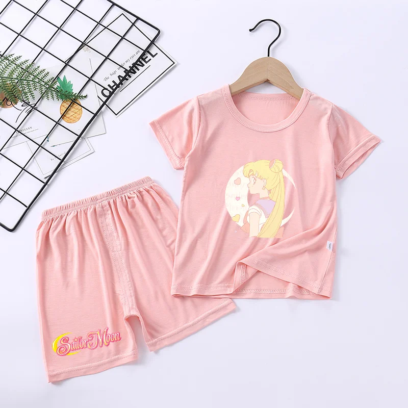 Sailor Moon Pajamas Set Cartoon Girls Summer T-shirt Pants Suit 2pcs Clothes Pink Anime Printed Nighty Comfortable Loungewear