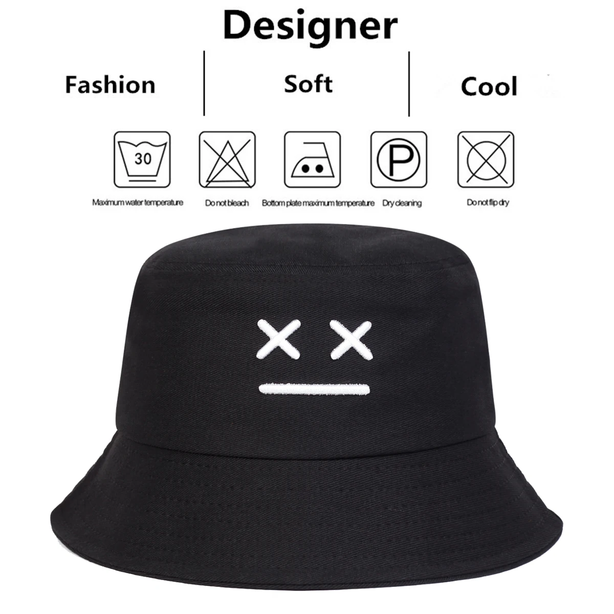 Unisex XX Smiling Face Embroidery Personality Bucket Hats Fishermen Caps Outdoor Casual Cap Sunscreen Hat