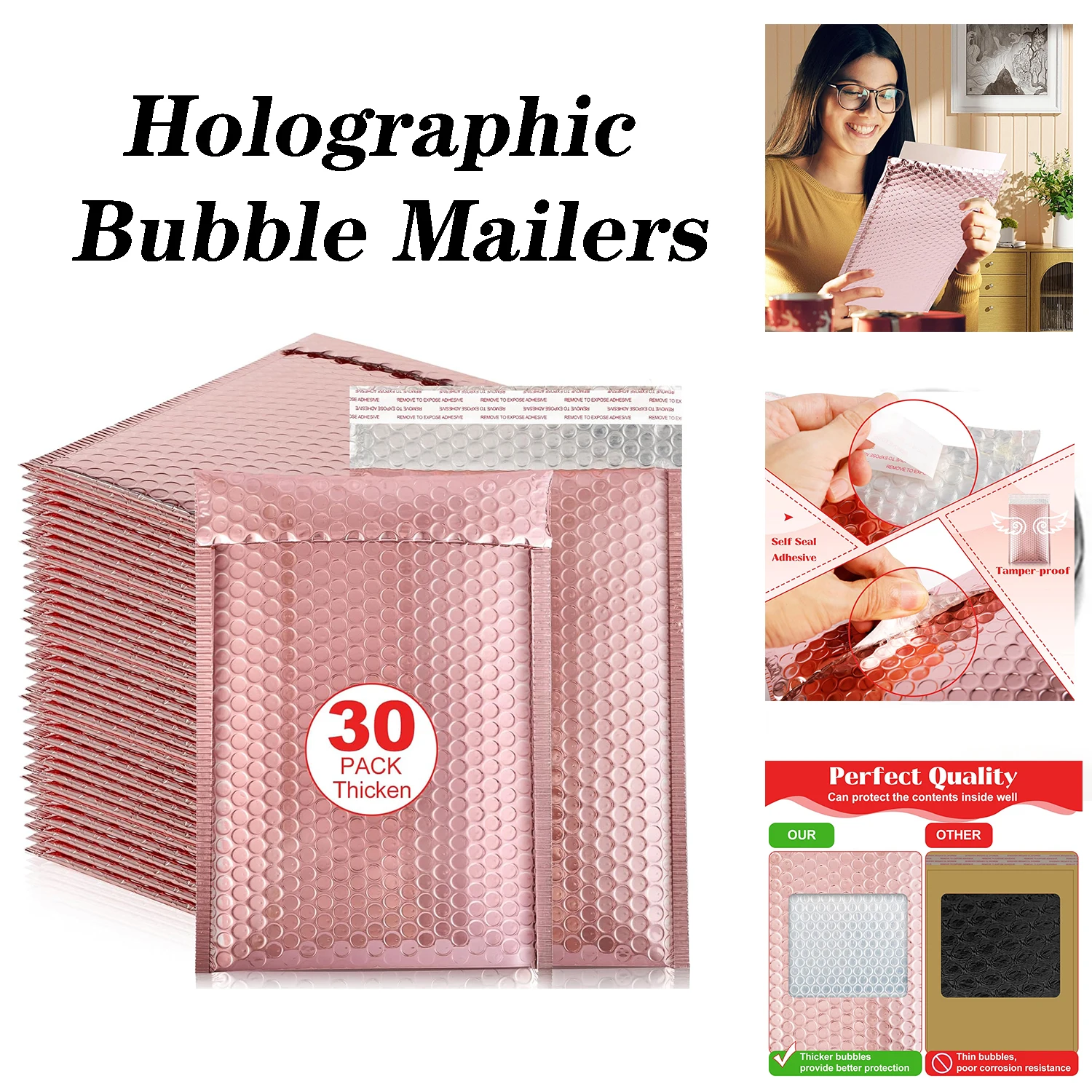 

30 шт. голографических пузырчатых конвертов, водонепроницаемые, с мягкой подкладкой, для защиты при доставке, утолщенные, оптовые почтовые пакеты для бизнеса
