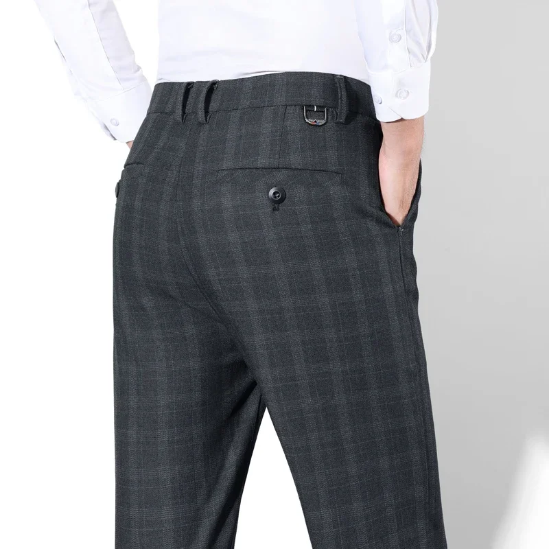 Cotton Plaid Striped Classic Suit Pants Men\'s Autumn Stretch Business Casual Trousers Groom Wedding Dress Fashion Male Pants