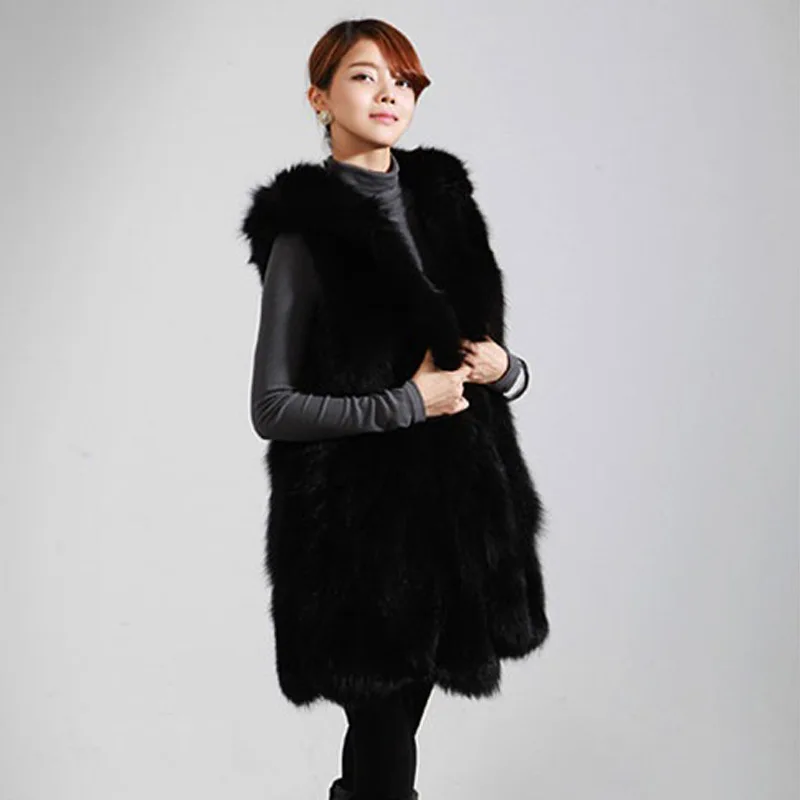 Black Fox Fur Warm Mid Length Hooded Fur Vest Women's Popular Vest Jacket