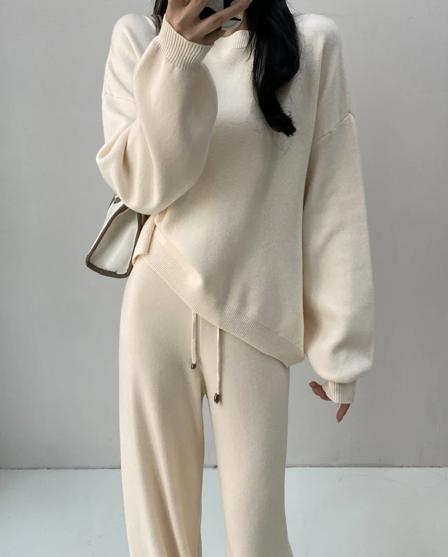 Women Winter Warm Knitted Tracksuits Korean Casual Long Sleeve Pullover Sweater+high Waist Wide Leg Long Pants Set For Women