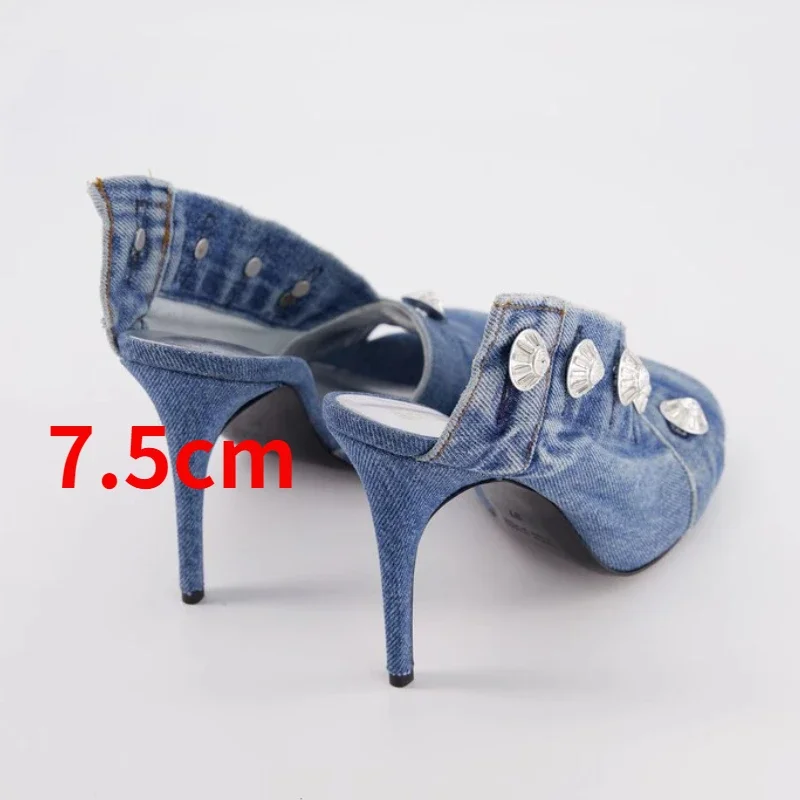 2024 Summer Brand New Pocket Design Fashion Denim High Heel Sandals Popular Charming Woman Shoes Comfort Slippers