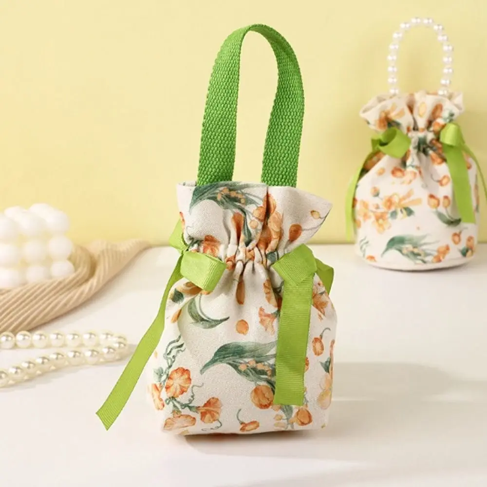 Sac à fleurs en toile florale, sac à cordon de proximité, grande capacité, nœud en ruban, sac à sucre festif, sac à bonbons de mariage de style coréen