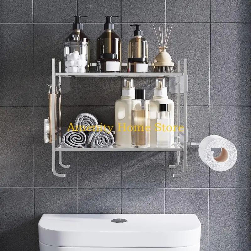 

F26C Multifunction Bathroom Wall Shelf 2 Tiers Storage Rack for Toiletries Quick Setups & Not Drilling Bathroom Essential Holder