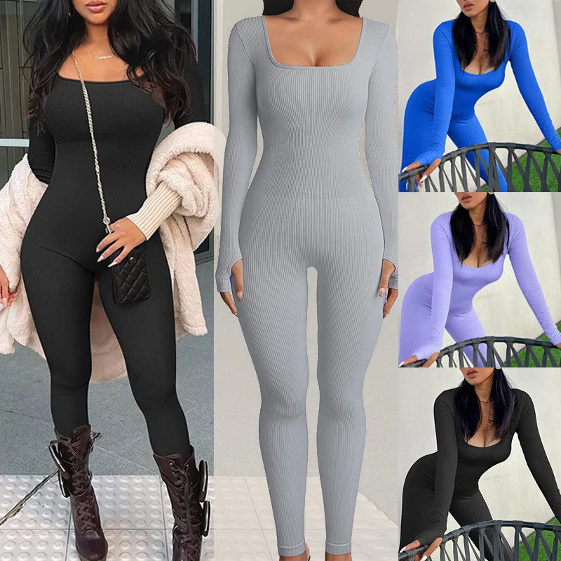 

Long Sleeve Square O Neck Gym Sportswear One Piece Workout Ribbed Women Yoga Jumpsuits Rompers Sport Exercise Bodysuits