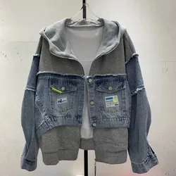 Women Fashion Stitching Denim Jacket Ripped Patchwork Pocket Hoodie Jean Jackets Woman Unique Design Casual Long Sleeve Coats