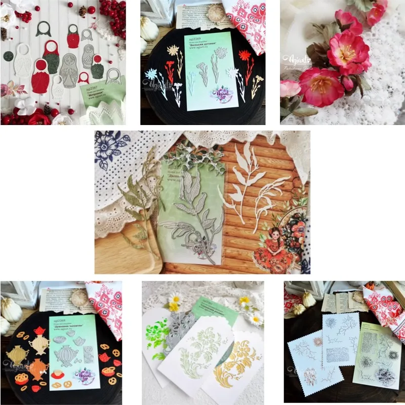 Matryoshka Doll Apple Blossom Wreath Cutting Dies Stamps Scrapbook Diary Decoration Stencil Embossing Template DIY Greeting Card