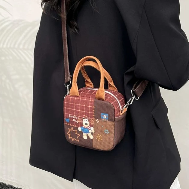 Autumn Winter Patchwork Grid Kawaii Puppy Cartoon Cute Crossbody Bag Square Mini Bags Storage Bag Woman Bags Handbag Purse