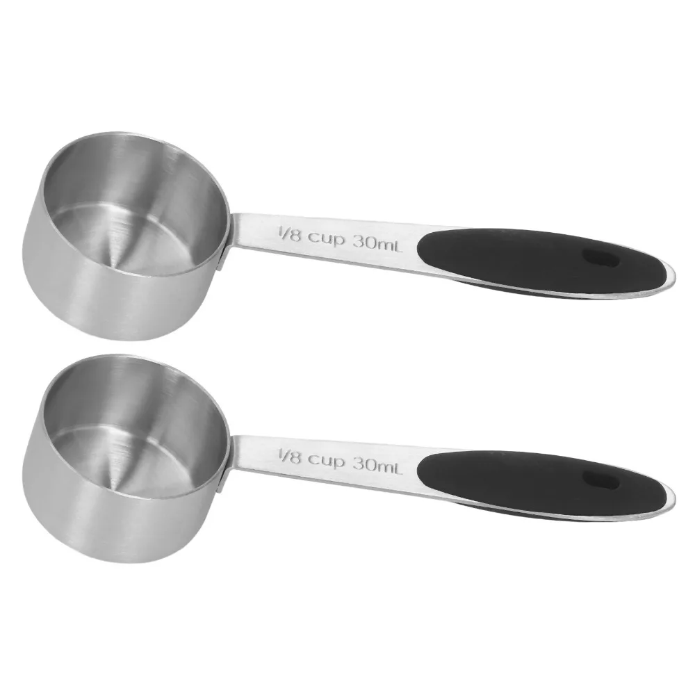 2 Pcs Set Stainless Steel Coffee Measuring Scoop 1/8 Cup Black Silicone Handle Measuring Spoon 30ML Measuring Tablespoon