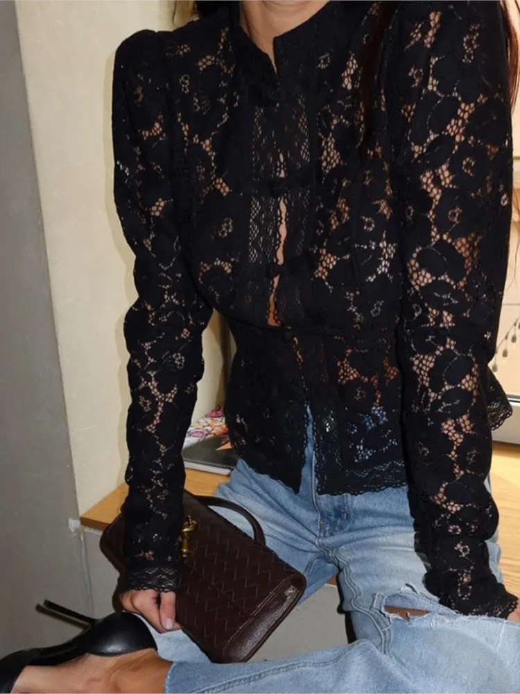 Camicia retrò in pizzo cavo Camicetta chic da donna Autunno O Collo Manica lunga Slim Top in maglia Moda femminile Camicette e top floreali eleganti