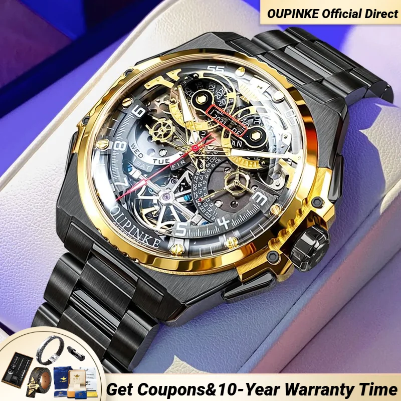 

OUPINKE 3266 Full Hollow Skeleton Mechanical Watch for Men High-end Multifunction Auto Date Hand Clock Sapphire Mirror Man Watch