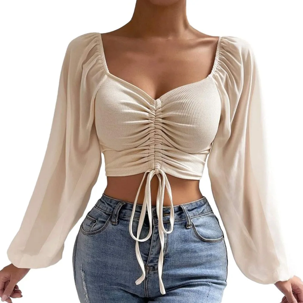 Sexy Summer Chiffon Blouses Women Solid Color Streetwear Puff Sleeve V-Neck Drawstring Hot Tees Crop Tops Blouse Female Clothing