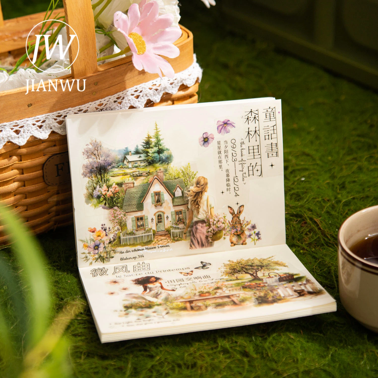 JIANWU 60mm*200cm Camping Party Series Vintage Character Flower Material Collage PET Tape Creative DIY Journal Stationery