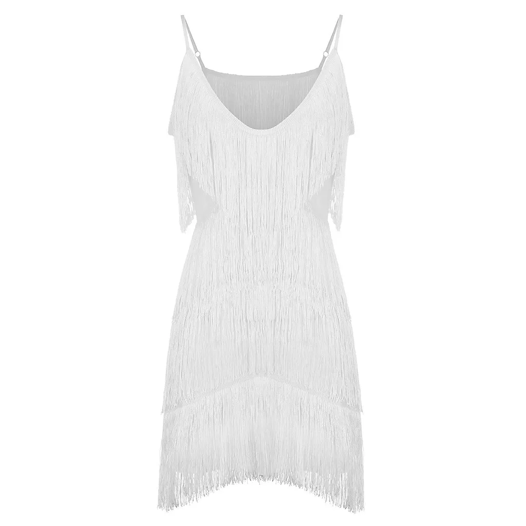 Women Sexy Deep V-Neck Spaghetti Straps Fringe Bodycon Mini Dress Tassels 1920s Gatsby Cocktail Latin Club Party Dresses