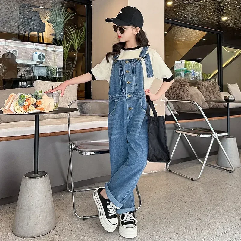 وزرة الصيف للفتيات في سن المراهقة تصميم زر الموضة مع جيب 2023 الكورية الفتيات عادية بذلة عموما 5 7 9 10 11 13 14Years