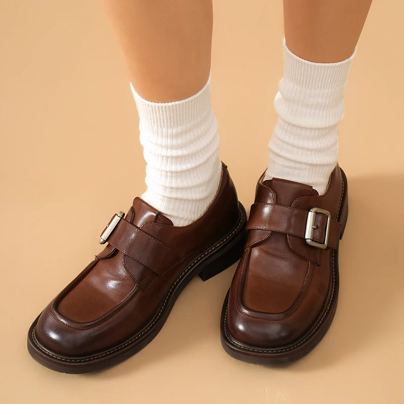 BeauToday Leather Monk Shoes Women Calfskin Buckle Strap Round Toe Sewing Design Casual Ladies Flats Handmade 27940