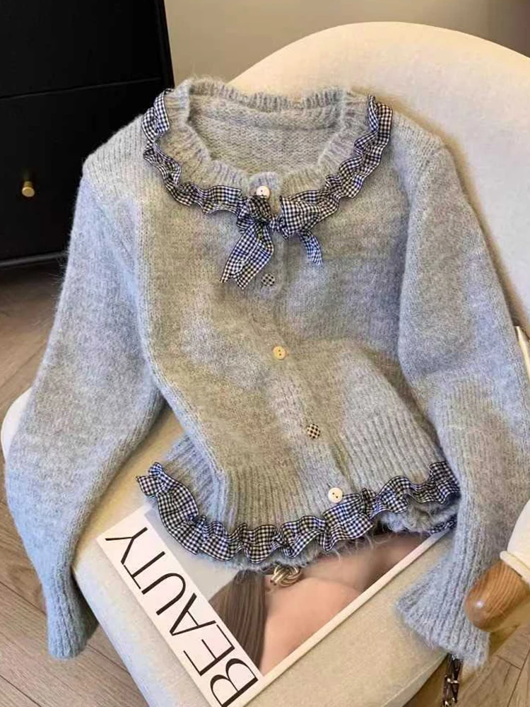 

Cute Bow Women Cardigan Sweet Long Sleeve O Neck Koren Knitted Sweaters Fall Preppy Style Loose Plaid Patchwork Retro Tops