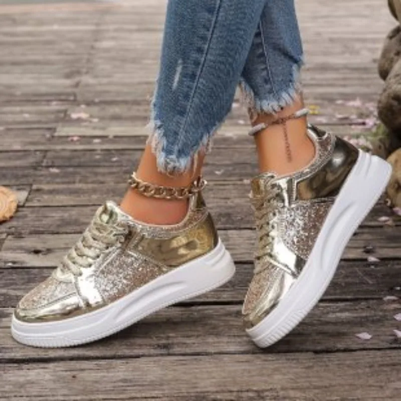 2024 Summer New Thick Soled Sequins Shoes for Women Fashion Trendy Sneakers Female Casual Breathable Lightweight Vulcanize Shoes