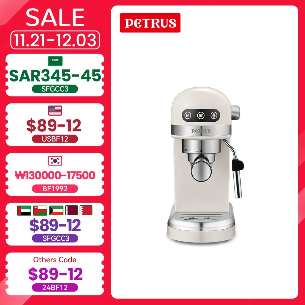 Petrus Espresso Coffee Maker Compact Coffee Machine 15 Bar 1230W With Foaming Milk Frother Automatic 2-Cup Shot Touch Control