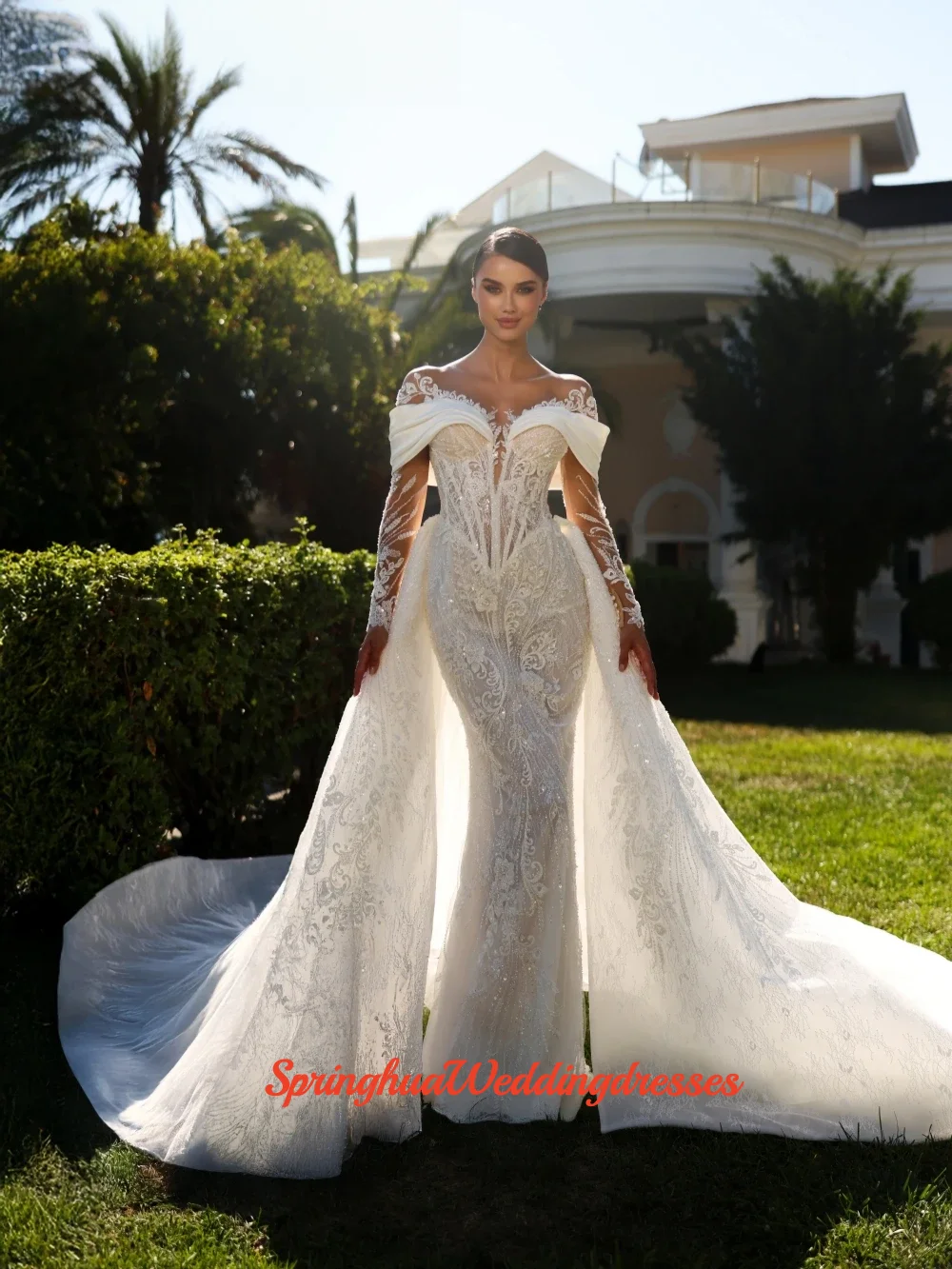 

Индивидуальные свадебные платья 2026 года с отстегивающимся шлейфом, вышивкой и бисером, с длинными рукавами, кружевные, для невесты, как из сказки