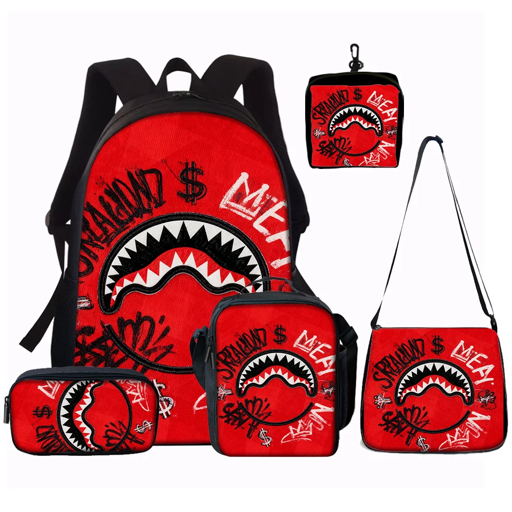 1/2/3/4/5PCS Trendy Shark Graphic Backpack Set | Perfect for School & Daily Adventures