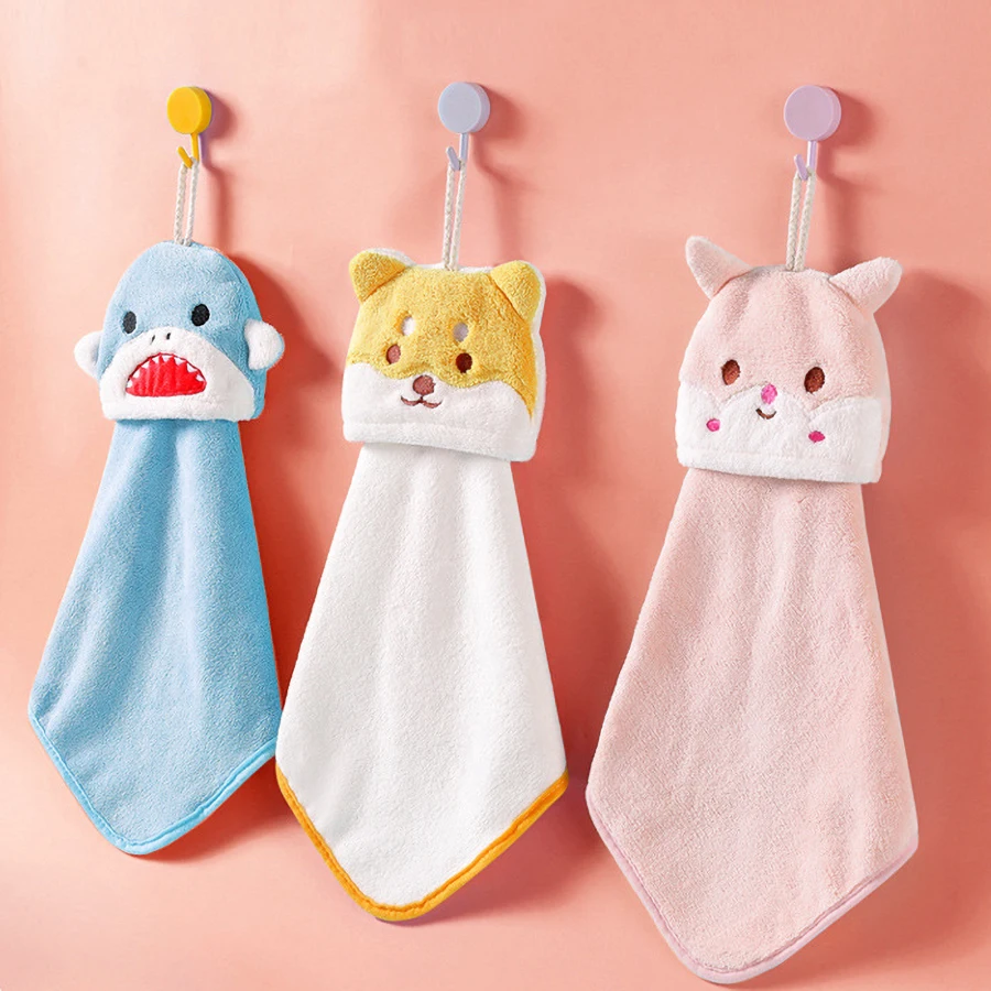 Cartoon Animal Hand Towel Coral Fleece Kitchen Bathroom Toilet Kid Hand Towels Hanging Type Super Water Absorption Quick Drying