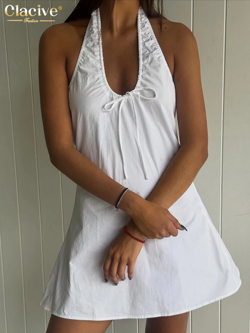 

Clacive Sexy Loose White Cotton Women's Dress 2026 Summer Halter Sleeveless Mini Dresses Lady Elegant Classic Solid Female Dress