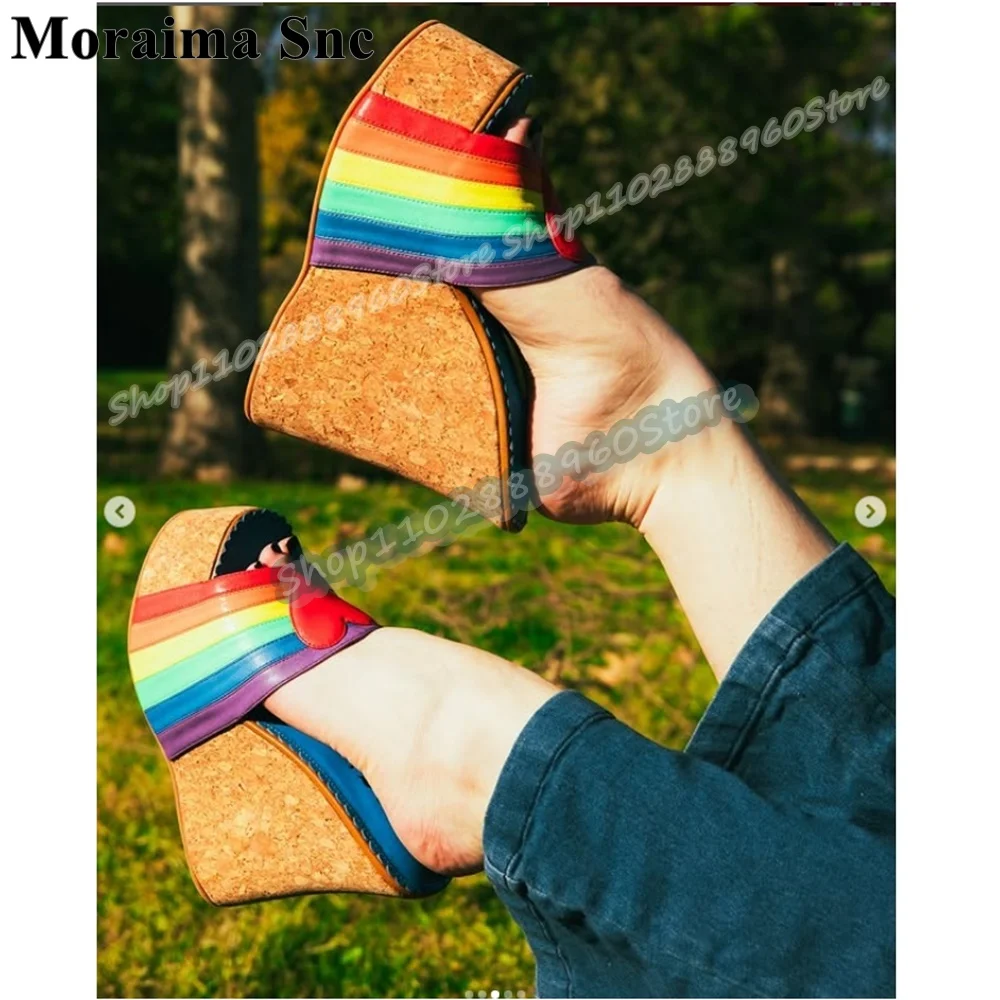 

Iridescence Strappy Leather Heart Platform Slippers Wedges High Heel Shoes For Women Slip On Open Toe Party Trending Slippers