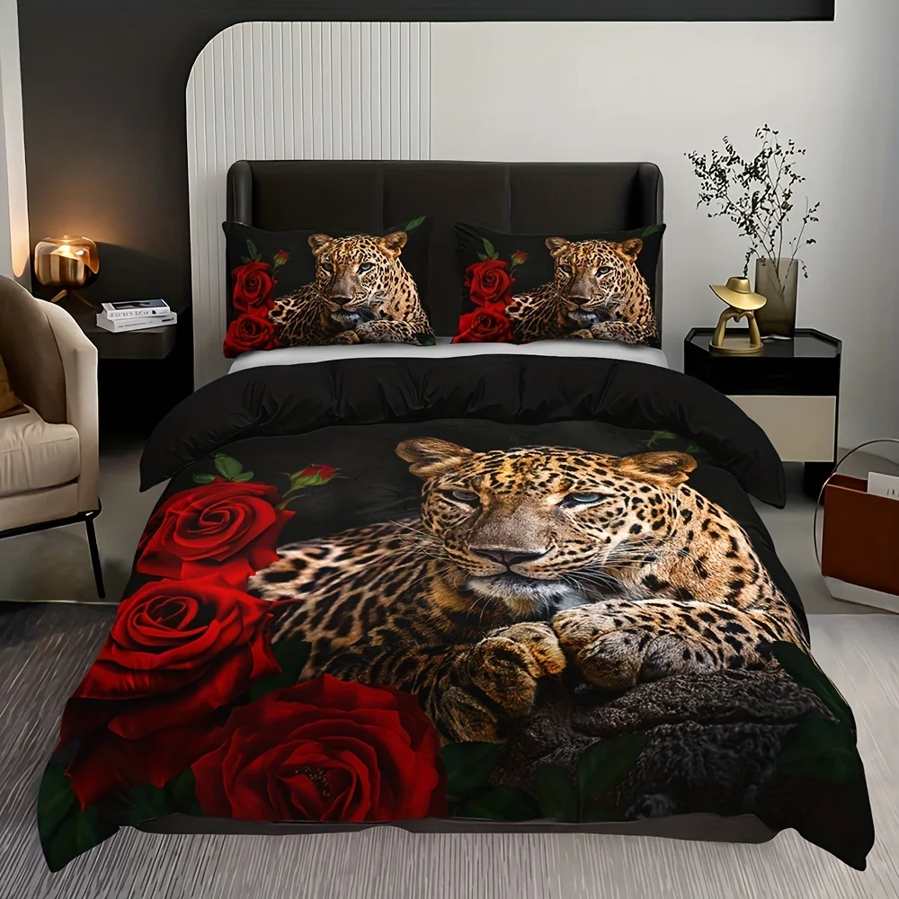 Rose Leopard Print Bedding Set Soft Comfortable Duvet Cover For Bedroom, Guest Room 1*Duvet Cover + 2*Pillowcase Without Core