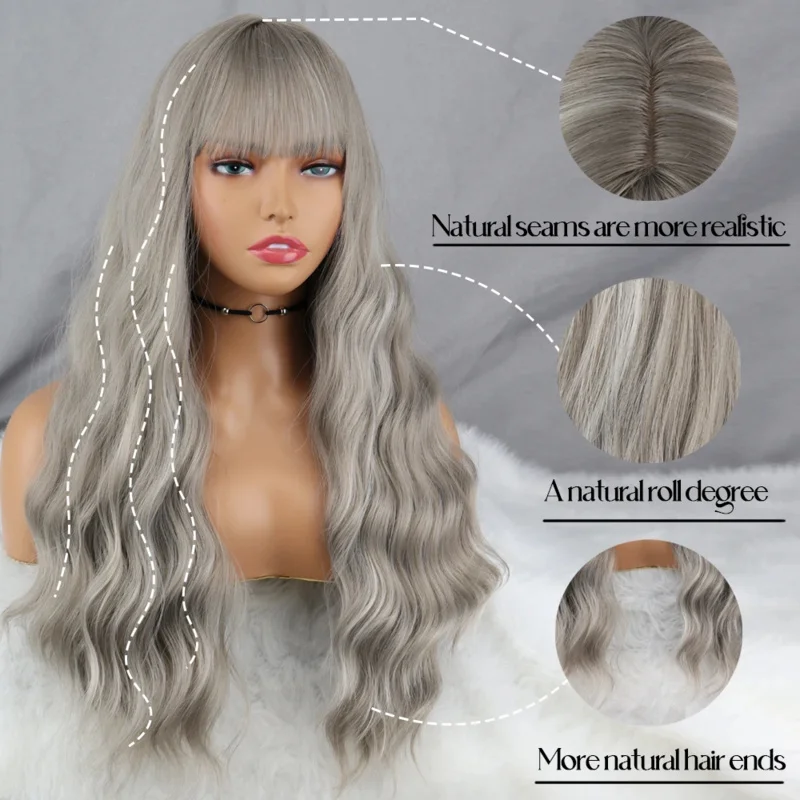 Grey Wig Long Wave Secondary Ribbon Bangs Synthetic Wig Women's Cost-effective Cosplay