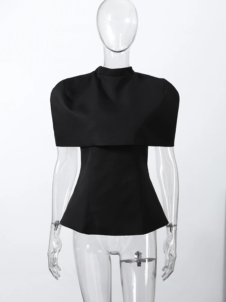Halbrollkragen-Cape-Tube-Top-Anzüge für Damen, elegantes, kurzärmliges, schulterfreies Oberteil mit Taillenbetonung, schickes Büro-Outfit, Clubwear, Neu – Detail 11