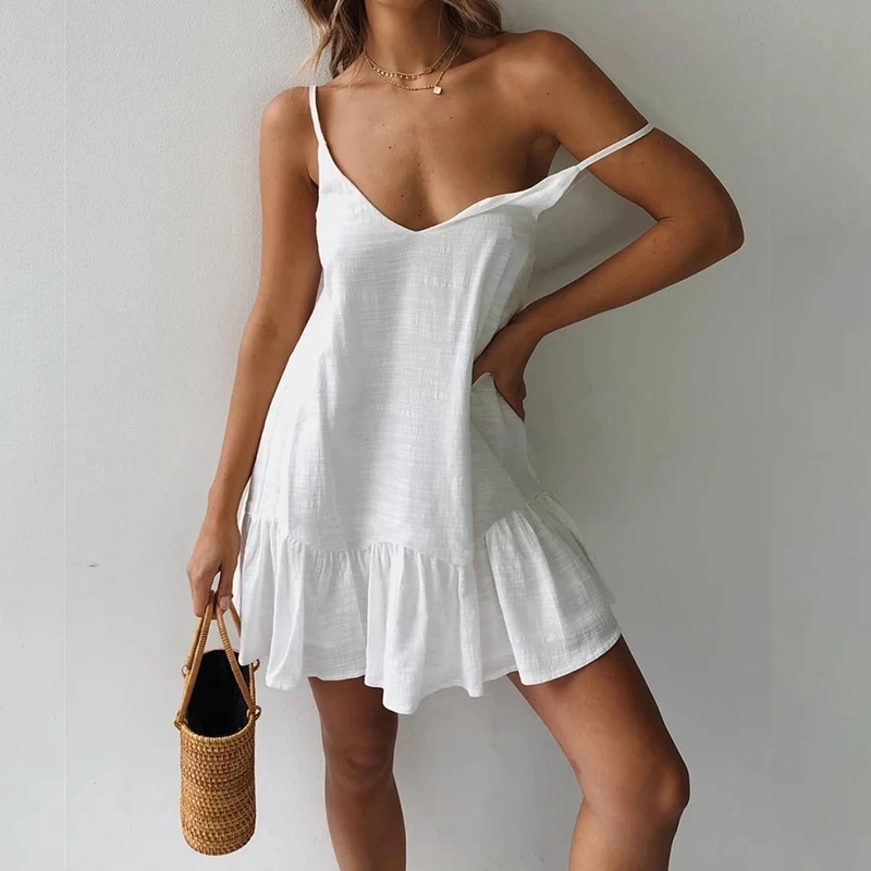 Spaghetti Strap Dresses Home Wear Women Summer Dress 2023 White Shift Dress Ruffle Sexy Sundress Mini Cotton Linen Vestidos