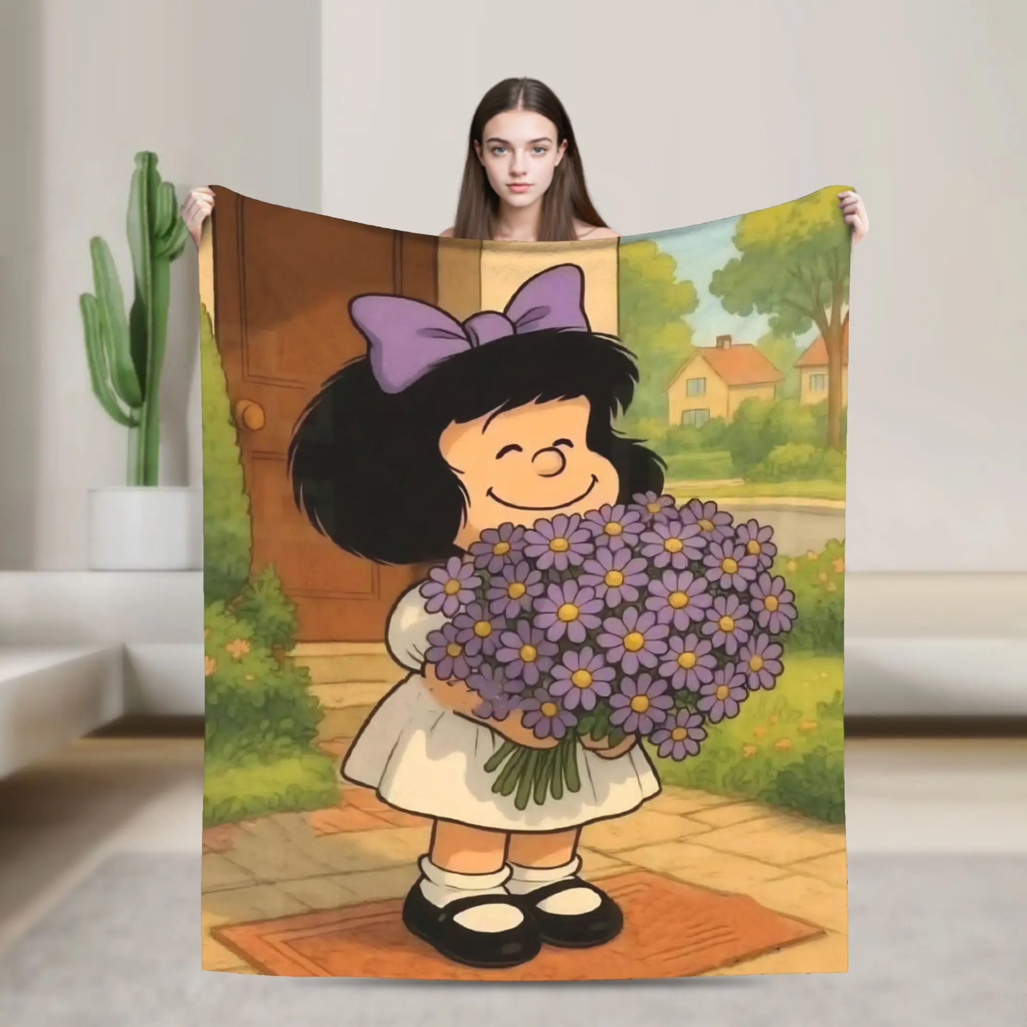 Mafaldas Flowers Anime Blankets Fleece All Season  Portable Ultra-Soft Throw Blankets for Sofa Outdoor Plush Thin Quilt