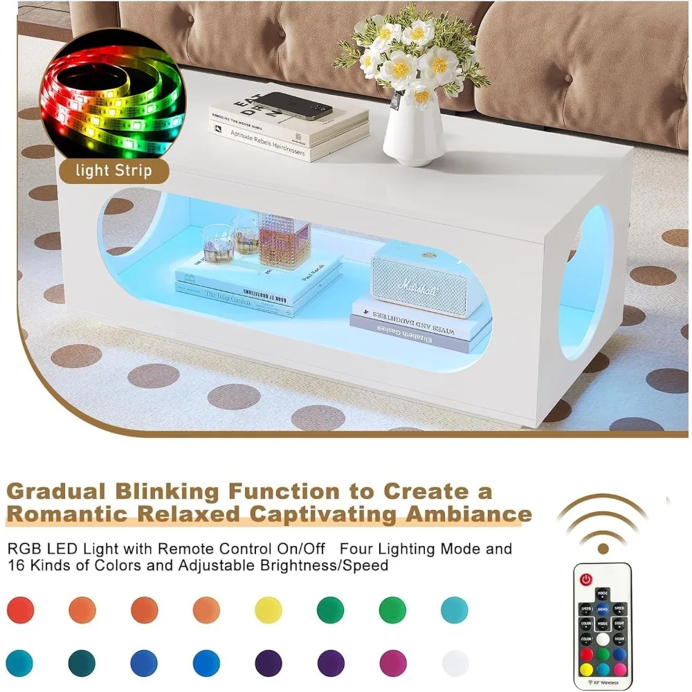 43" White Led Coffee Table for Living Room, Modern Living Room Table Rectangular Contemporary Center Table with Storage, Wooden