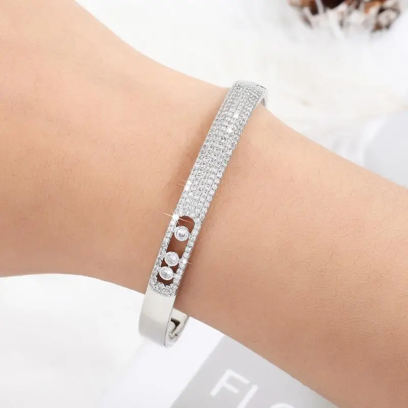 Gold Color Stainless Steel Wide Bangle Double Row Crystal Zircon Bracelet For Women High Quality Fashion Jewelry Gift image 3
