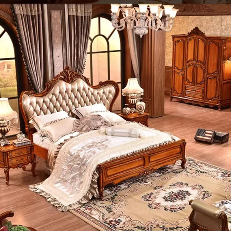 Hand Carved Modern Bed Soft Master Leather Sleeping Children Bed Girl Wooden Sleeping Bedroom Cama Casal Household Products