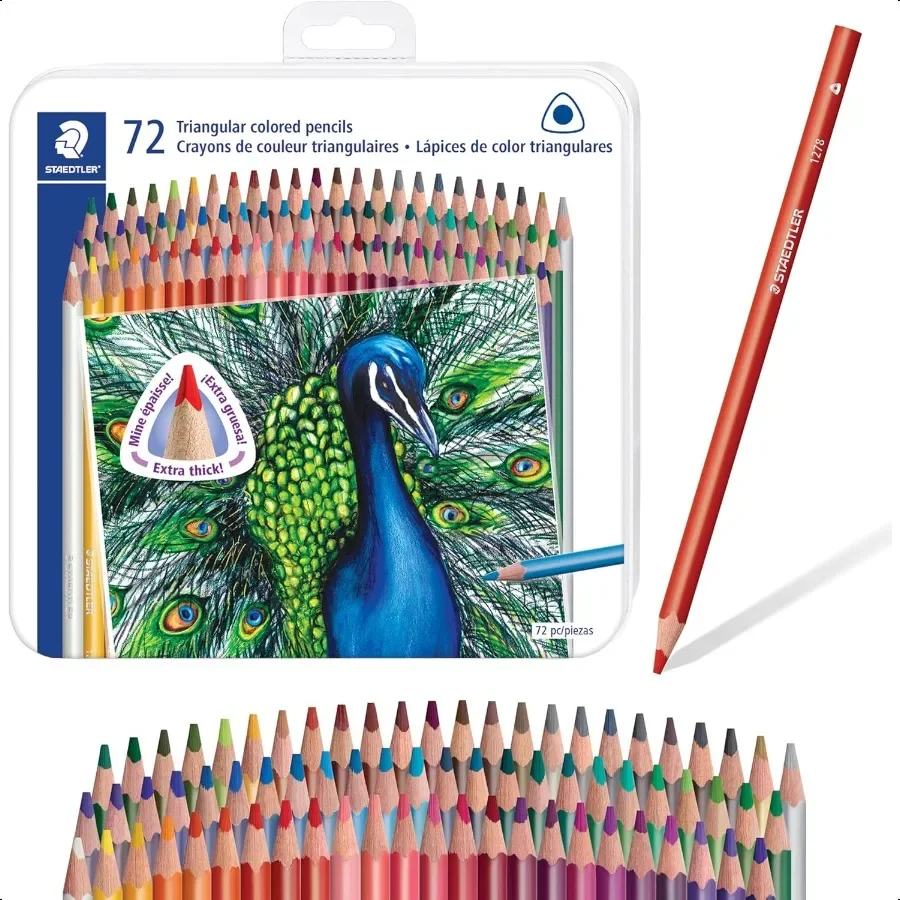 

Colored Pencils Set 72Pack Ergonomic Triangular Barrel Smooth 4mm Lines Wood 72 Vibrant Colors in Tin for Artists Students