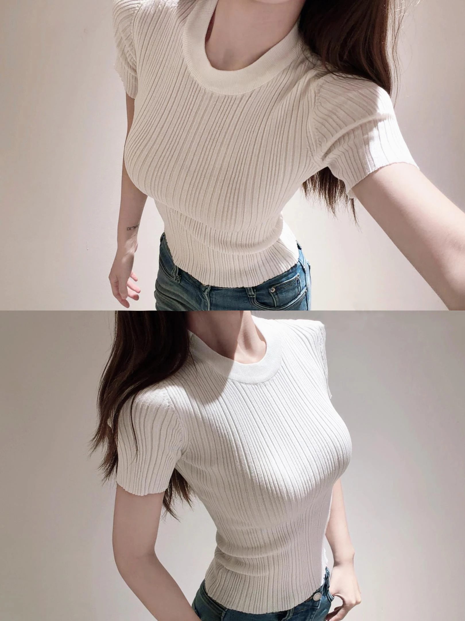 

Korean Style White Knitted Short Sleeve T-Shirt Women's Summer Slim Fit Fashionable Top Breathable Comfortable round Neck