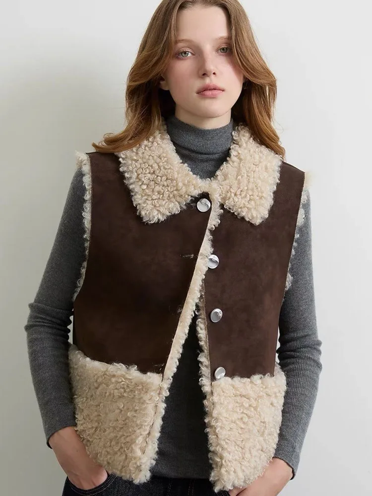 American Y2K Faux Lamb Vest Coat Women Vintage Harajuku Faux Suede Patchwork Vests Streetwear Fall Winter Sleeveless Tops Vest