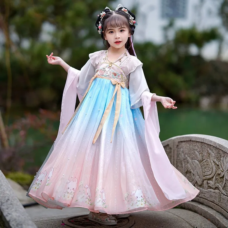 

Винтажное китайское традиционное платье с вышивкой, детские платья принцессы ханьфу для милых девочек, костюмы для народных танцев и представлений, косплей