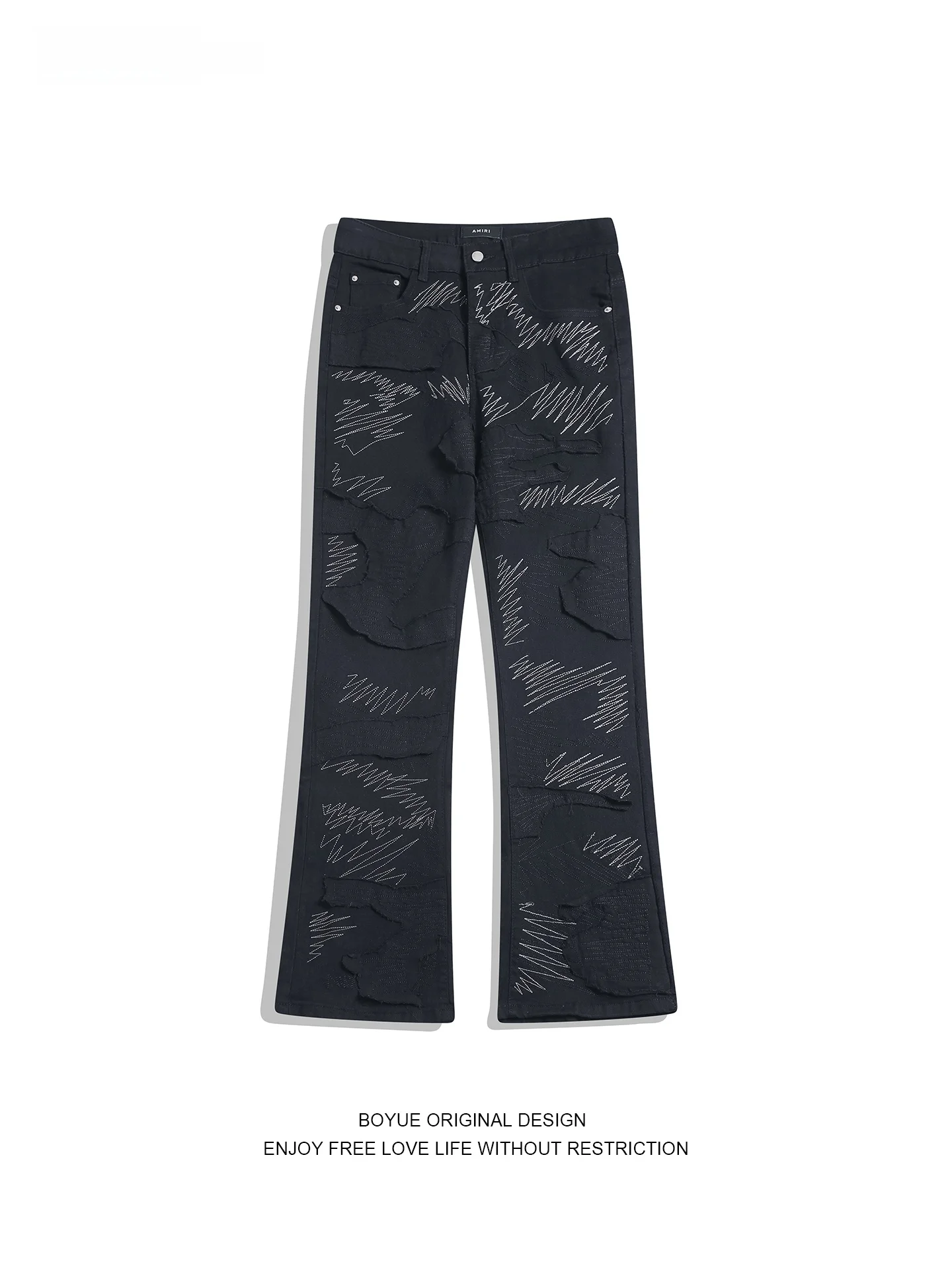Calças Jeans Retro Americanas Boyue com Design de Bordado Graffiti para Homens e Mulheres, Ajuste Slim, Calças Longas Unissex...