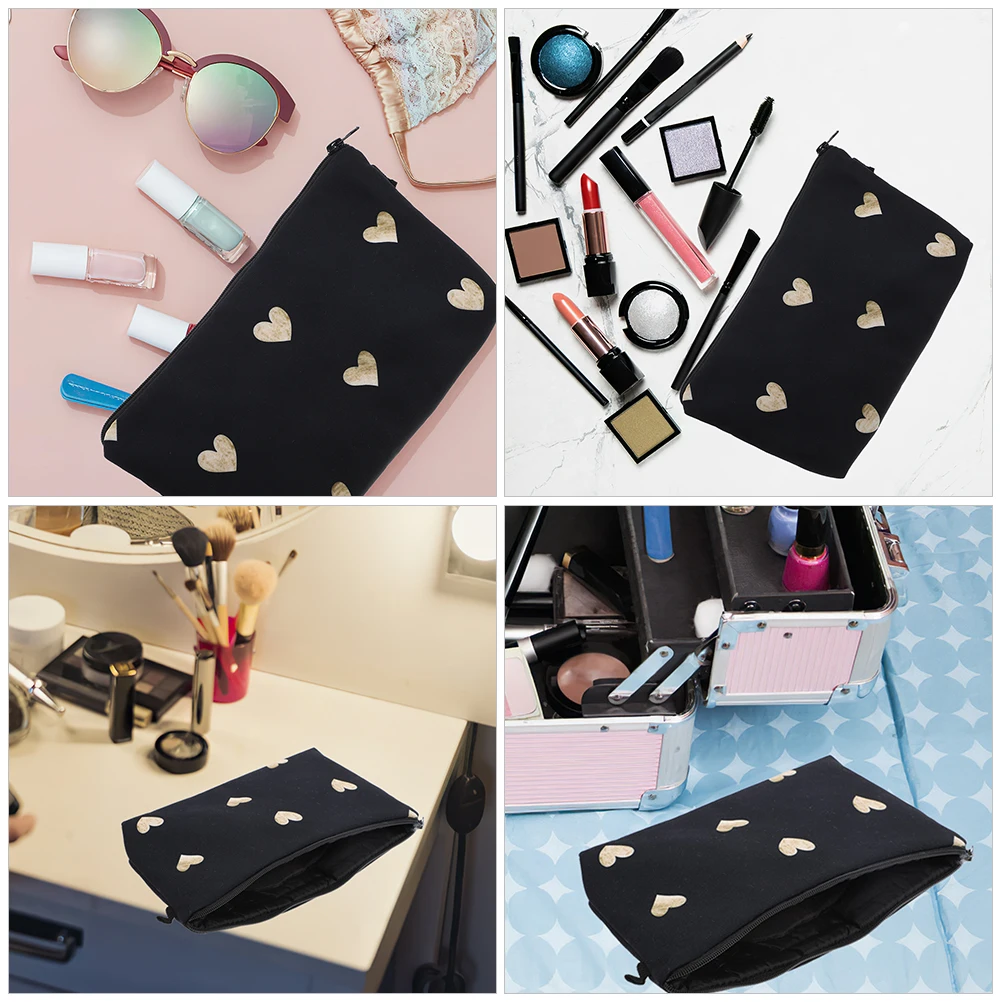 Bolsa de maquillaje acolchada con forma de corazón, artículos de tocador pequeños de viaje, bolsas negras, bolso de mujer y hombre, bolsa de almacenamiento ligera y compacta