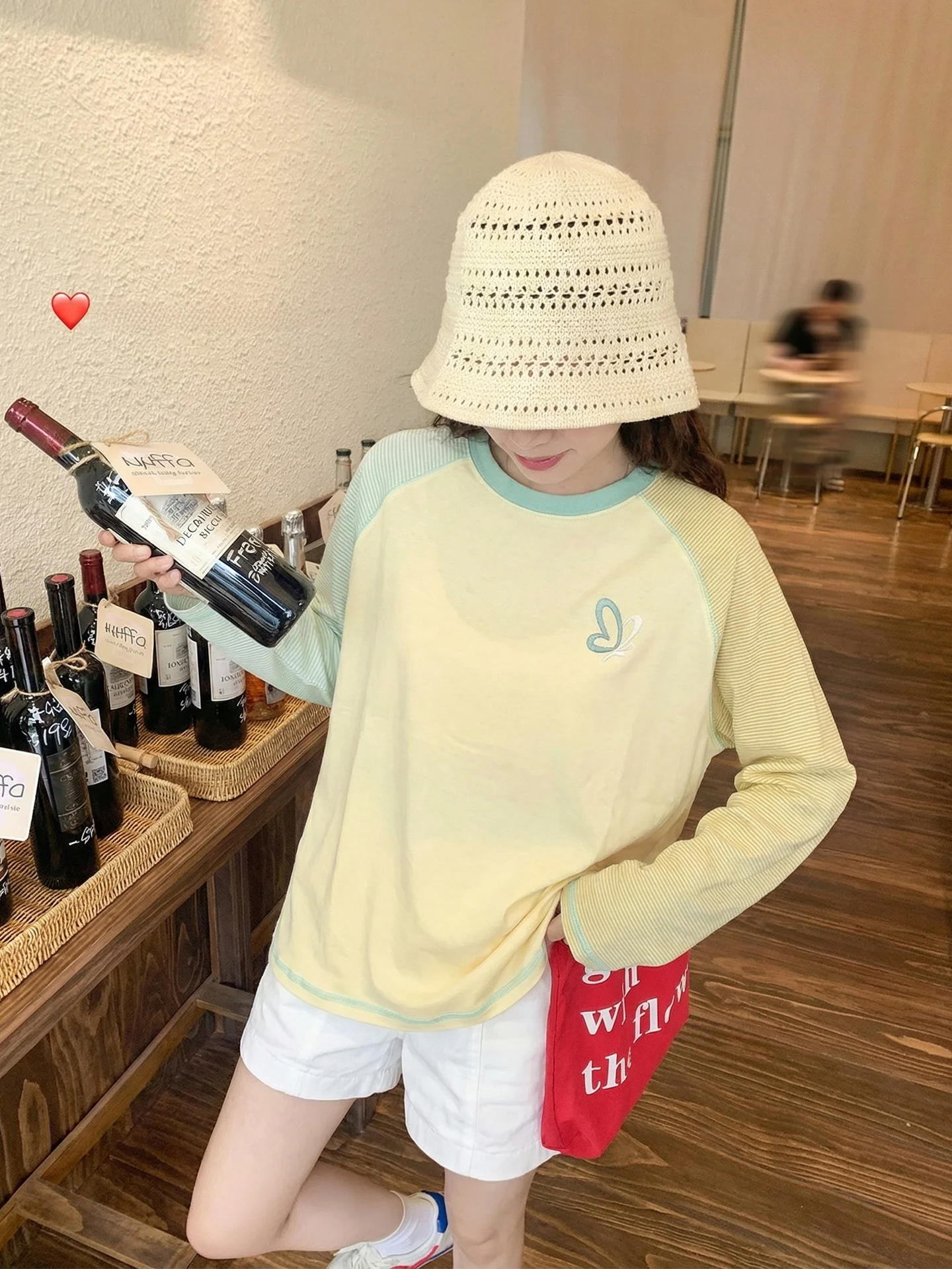 

Loose Women's Long Sve T-irt Korean Sle Striped oulder Insertion Spring Base irt Yellow Top Commute Faion Univer...