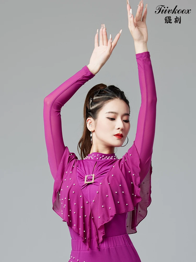 X2132 Lady Modern Dance Top Women's New Latin Dancing Jumpsuit  Modern Dance Social Dance Waltz Collar Lotus Leaf Jumpsuit