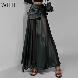 WTHT Trendy Women's Spliced Mesh Hem PU Leather Long Skirts 2024 Autumn Fashion High Waist Pleated A-line Skirt Female 1LS237