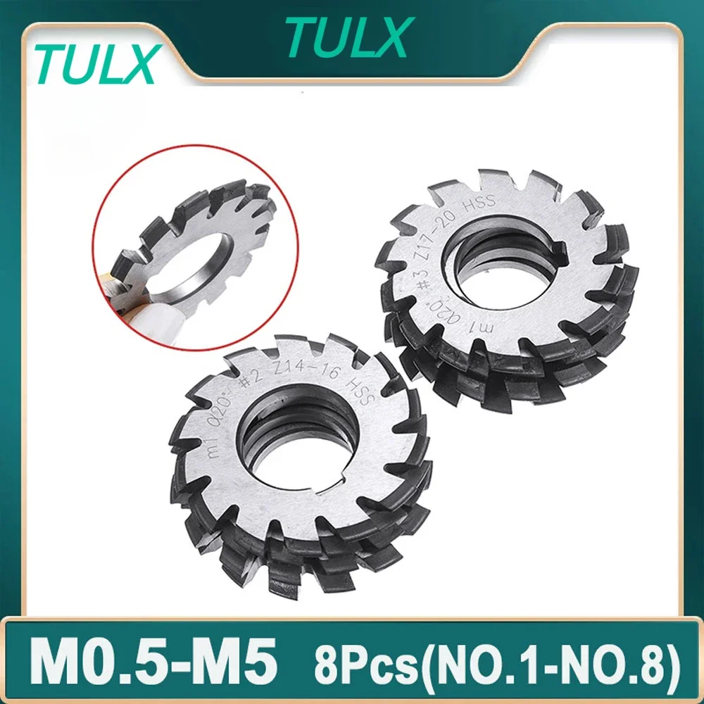 

8PCS M0.4/M0.5/M0.6/M0.7/M0.8/M1/M1.25/M1.5/M2/M3/M4 Modulus PA20 Degrees NO.1-NO.8 HSS Gear Milling Cutter Gear Cutting Tools