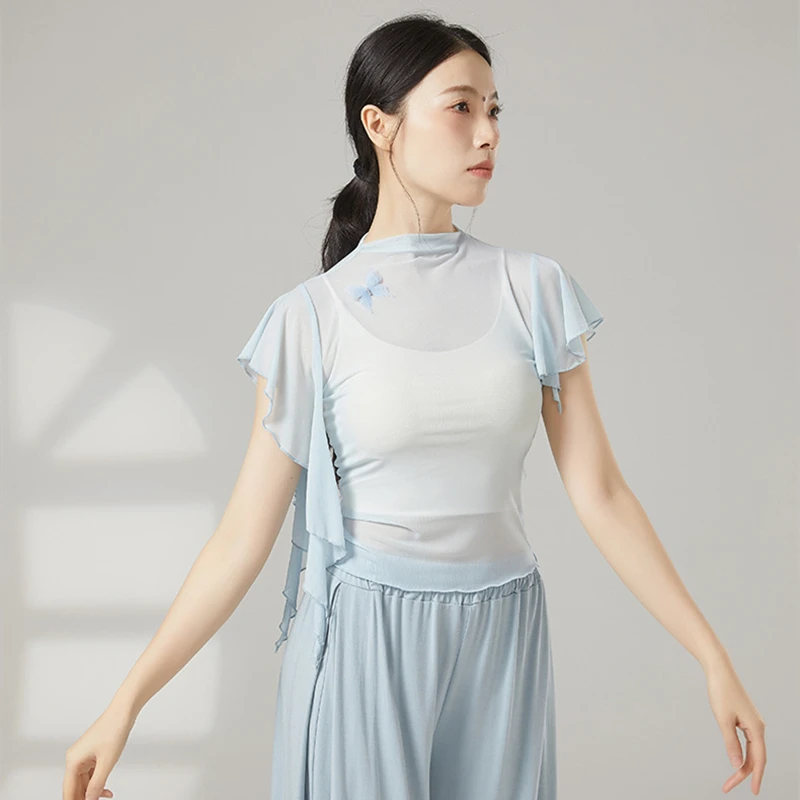 Classical Dancewear Women Top Short Sleeve Shirt Gauze Mesh Half High Neck Summer Flowy Stage Practice Tops Performance Costume
