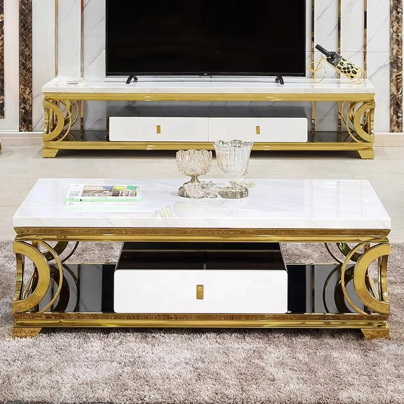 

Metal furniture set Marble gold coffee table Modern luxury coffee table with drawers Made in Foshan t006